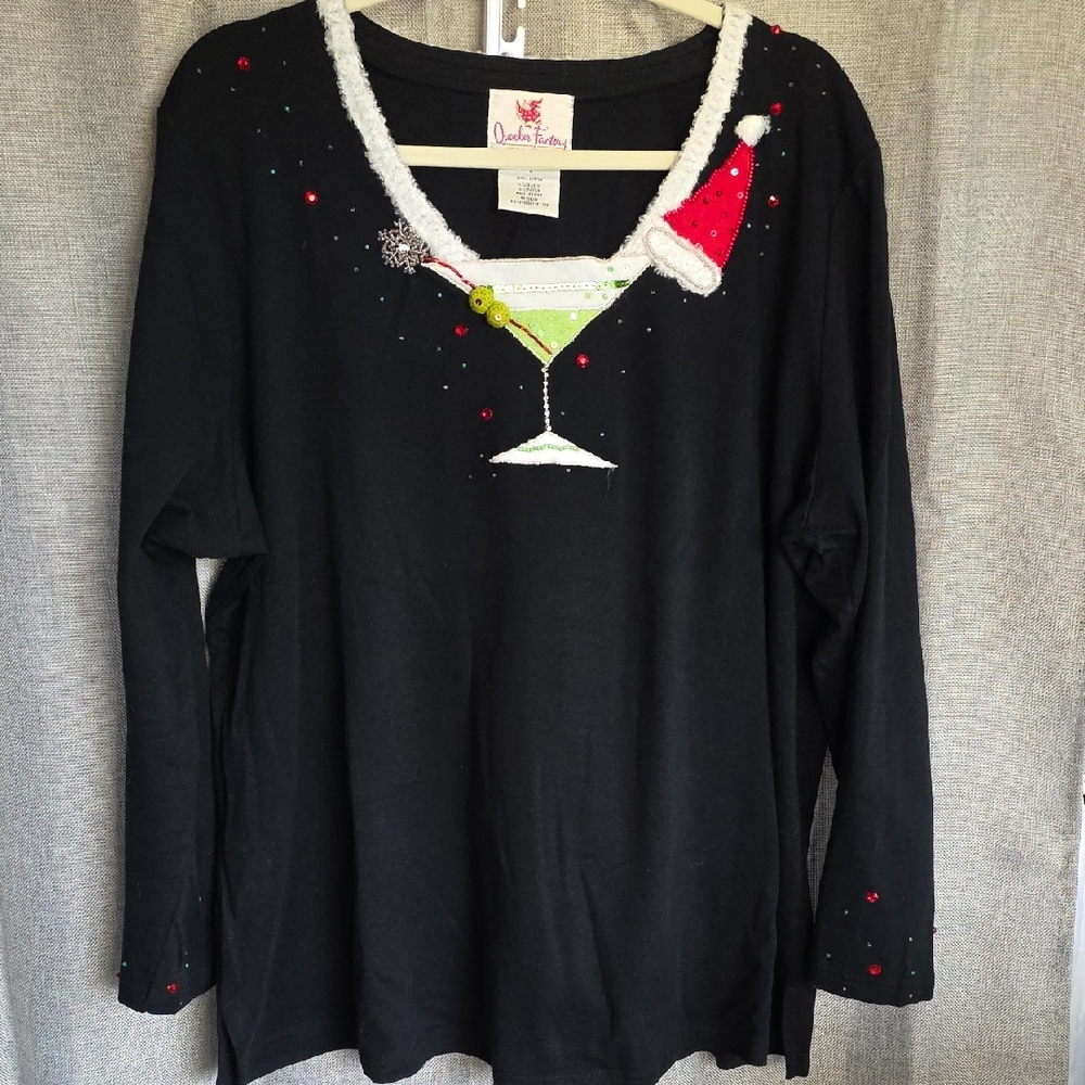 Quacker Factory Black Holiday Sweater with Martini Design Sz 1X 8-P19